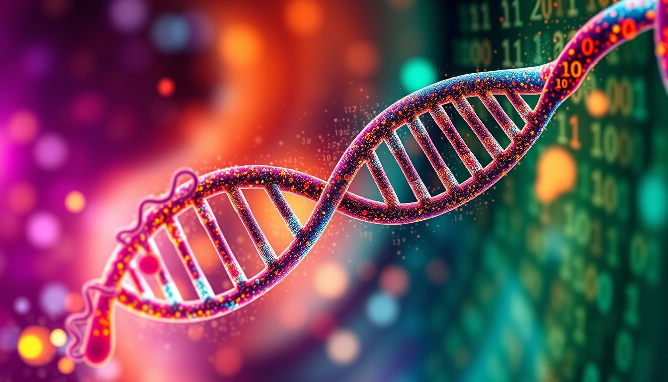 abstracte afbeelding van menselijk dna verstrengeld met binaire code