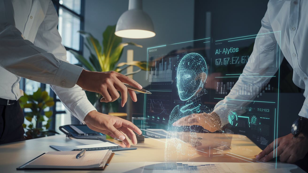 twee werknemers, niet herkenbaar in beeld zijn aan het samenwerken met een virtueel AI-wezen.