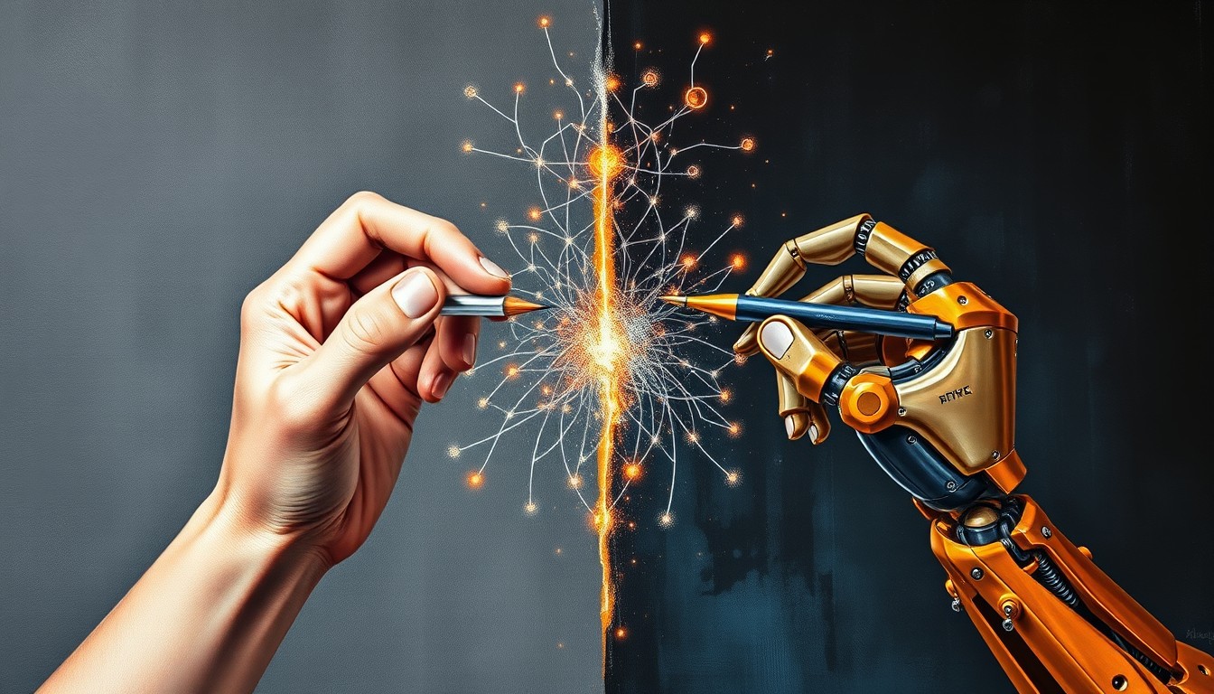 twee handen: een menselijk en een bionisch als symbool voor kunstenaars