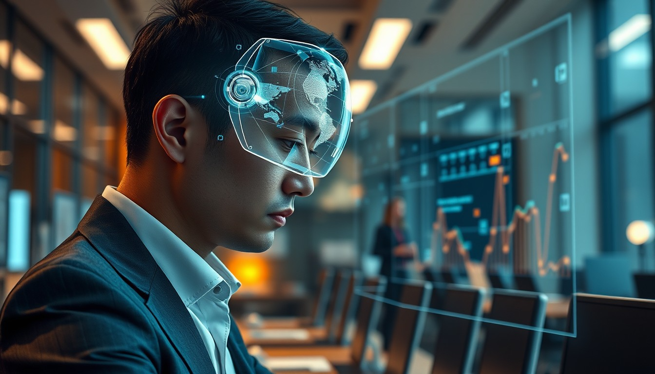 een man met een futuristische VR bril zit te werken aan een zwevend computerscherm