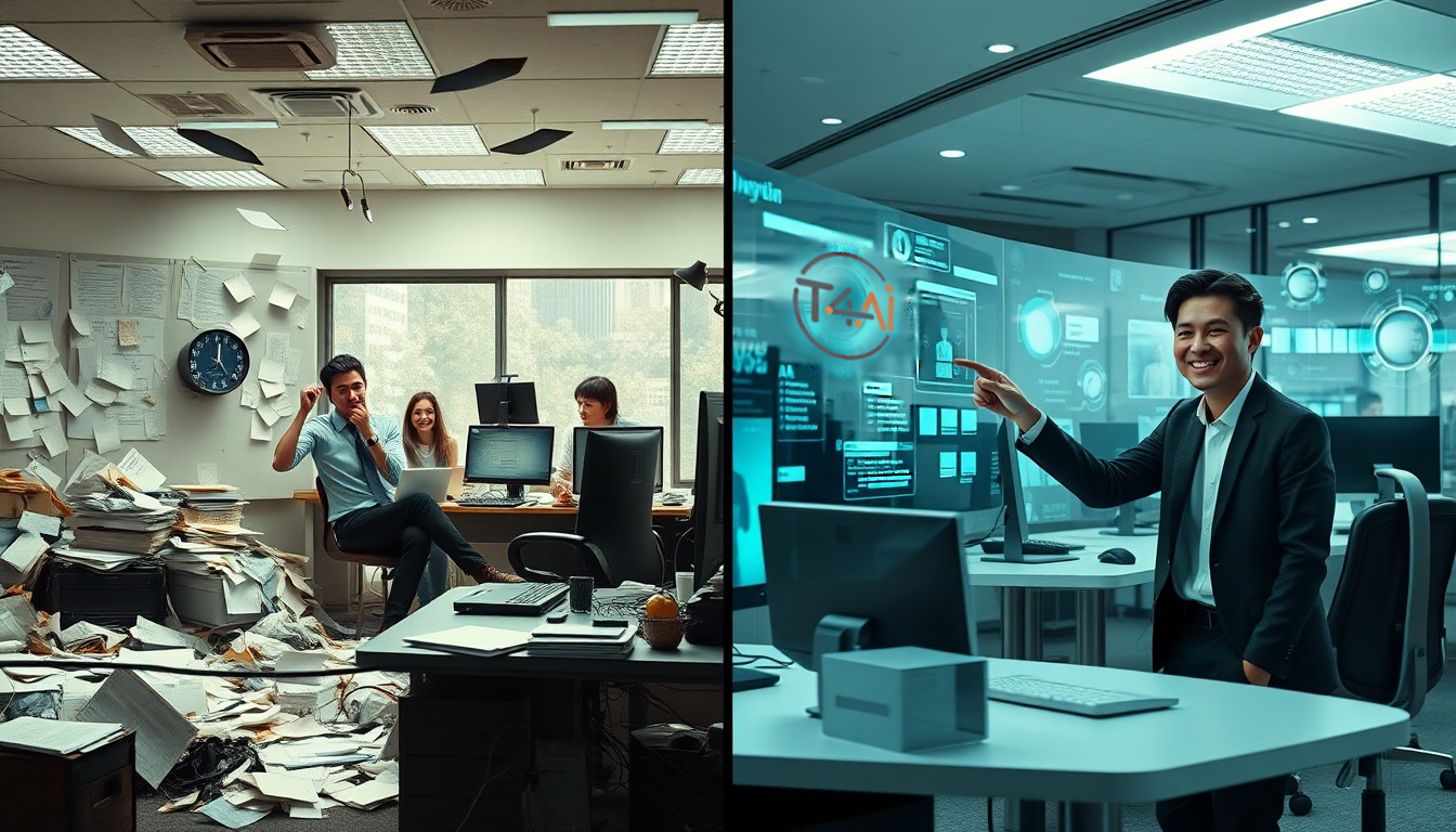 een split-image waarbij links een chaotisch kantoor te zien is, rechts een futuristisch kantoor waar t4ai geholpen heeft met de integratie