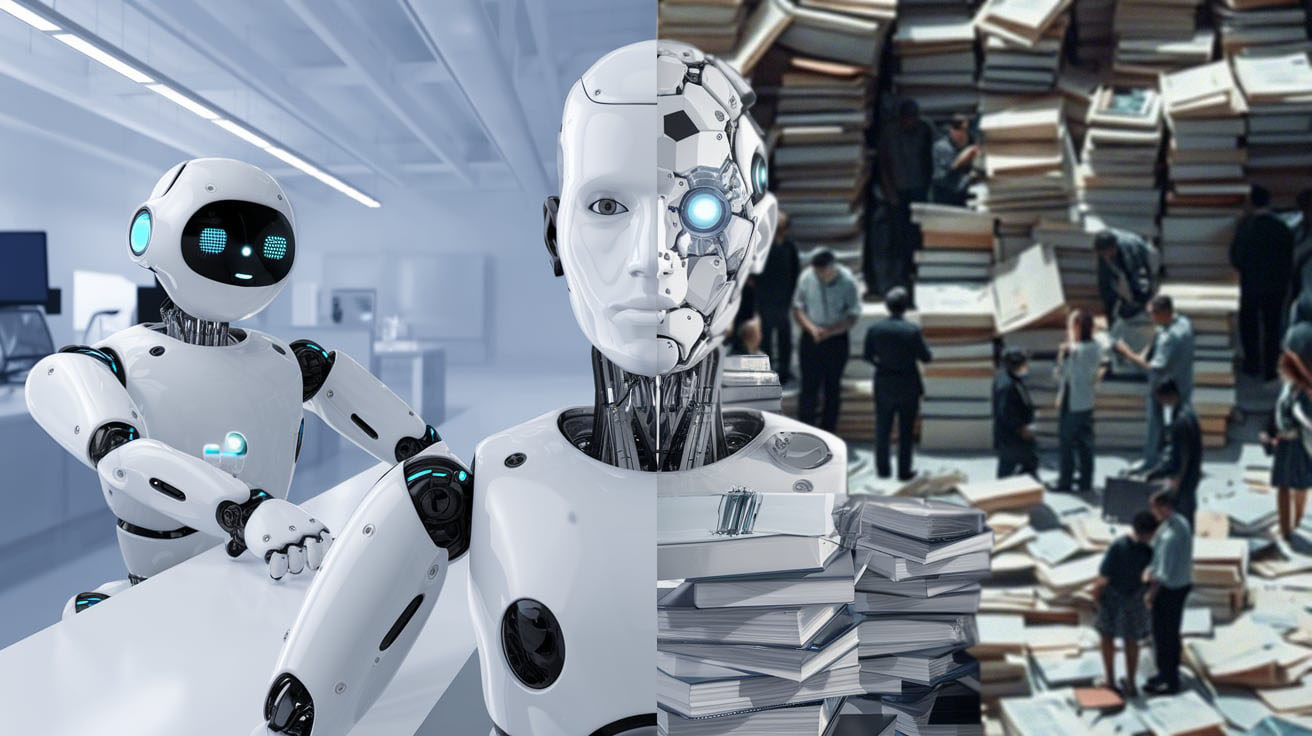 een gespleten beeld met een dokter robot en mensen die hun weg vinden door informatie