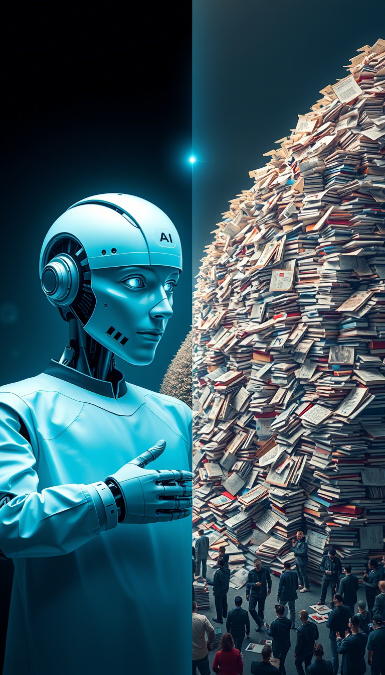 een gespleten beeld met een dokter robot en mensen die hun weg vinden door informatie