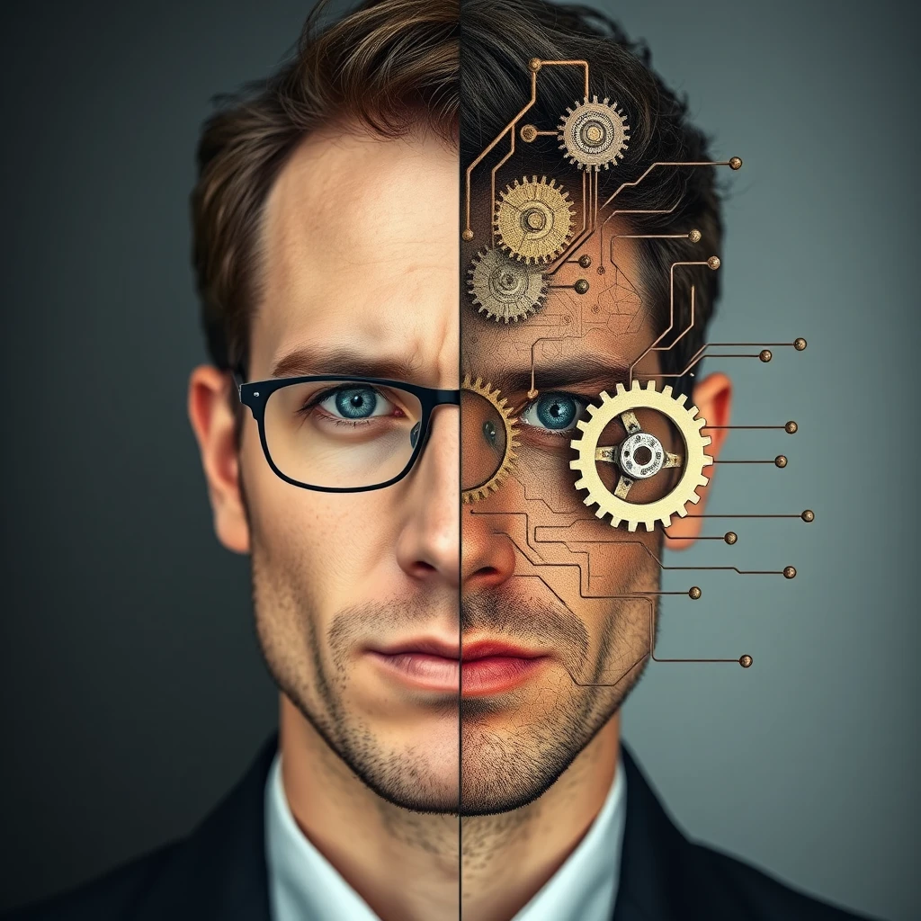 man met gezicht in twee delen waarvan tweede deel bionisch lijkt